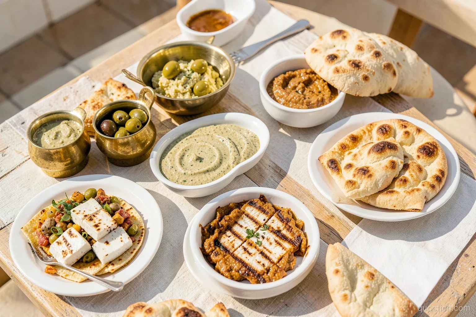 Overhead shot of a sunlit table on a Larnaca terrace with Cypriot meze dishes, golden koupes, tahini dip, grilled halloumi, olives and fresh pitta, close-up food photography, warm bright tones