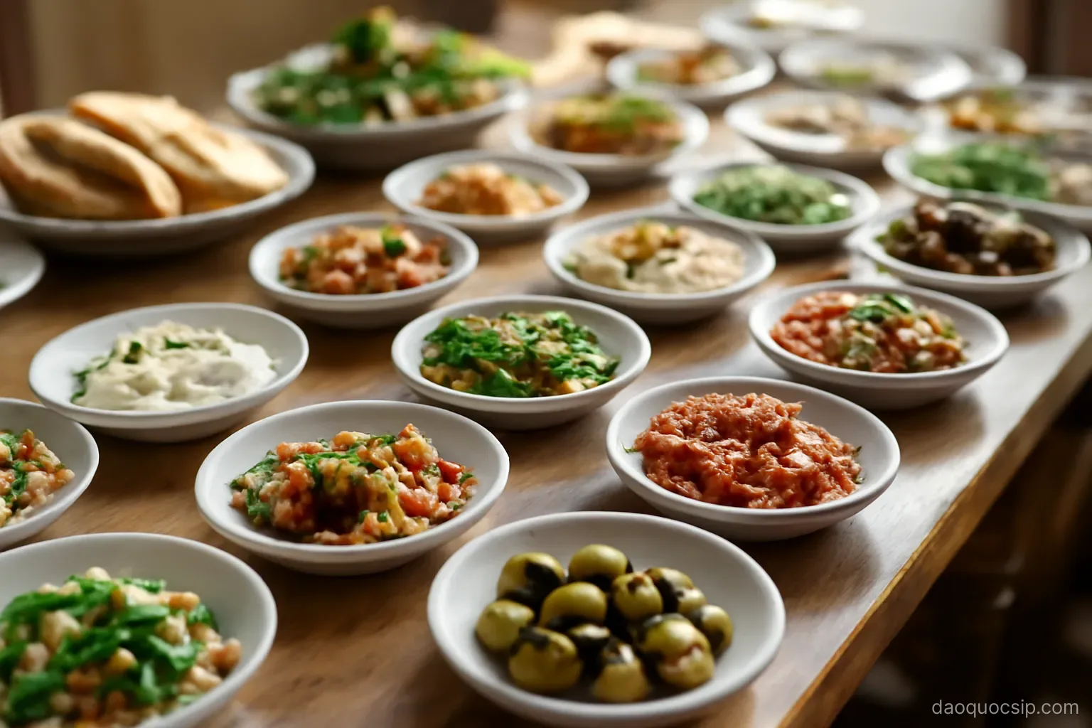 a long table covered with many small dishes of food, olives, bread and salads