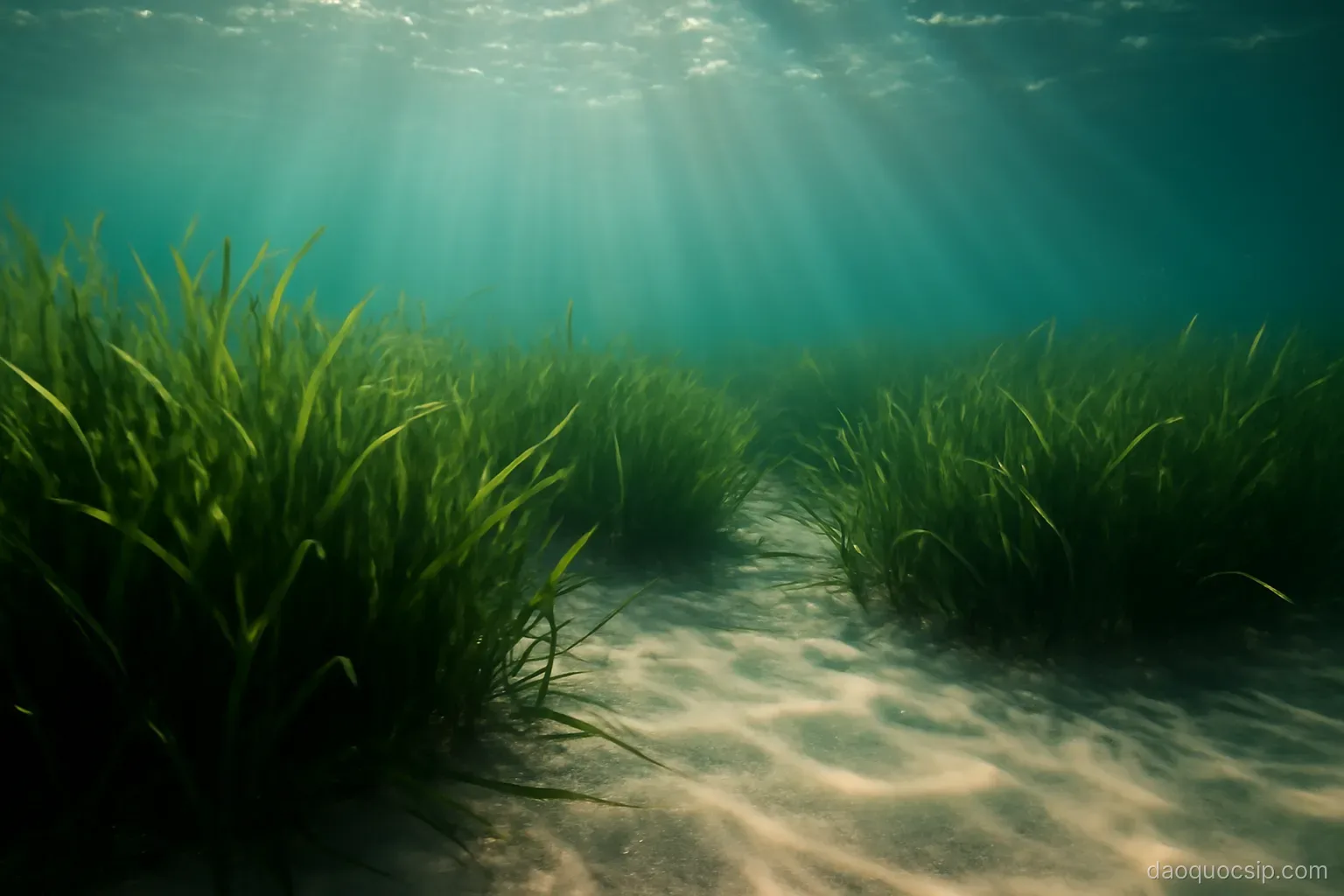 an underwater view of a posidonia seagrass meadow with sunlight rays reaching the sandy seabed