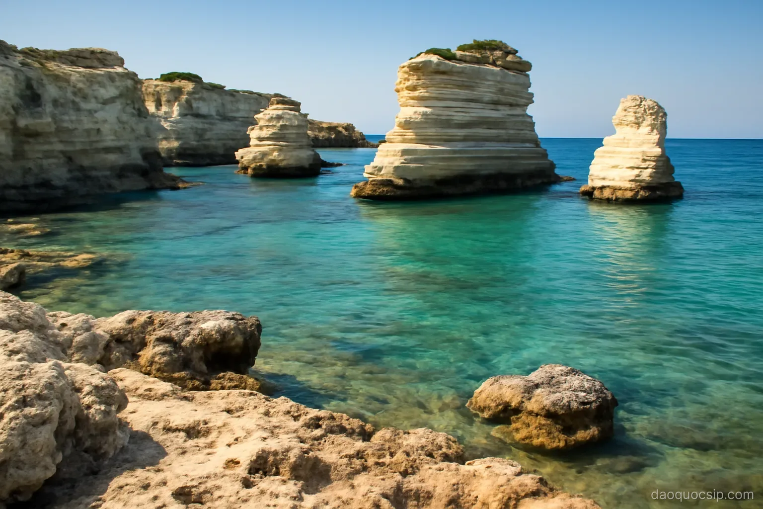 a rocky mediterranean coastline with white sea stacks rising from clear turquoise water