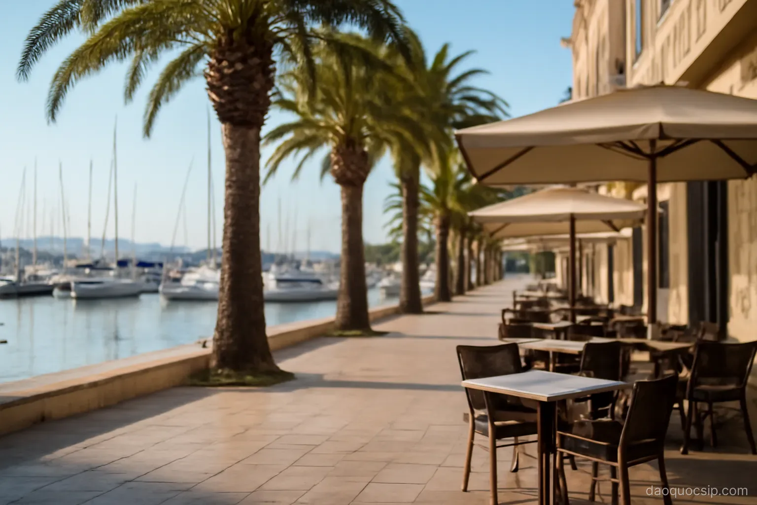 a seaside promenade lined with palm trees and cafes with a marina in the background