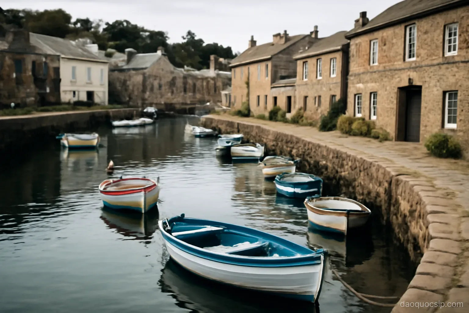 a horseshoe-shaped old harbour lined with small boats and stone buildings along the quay