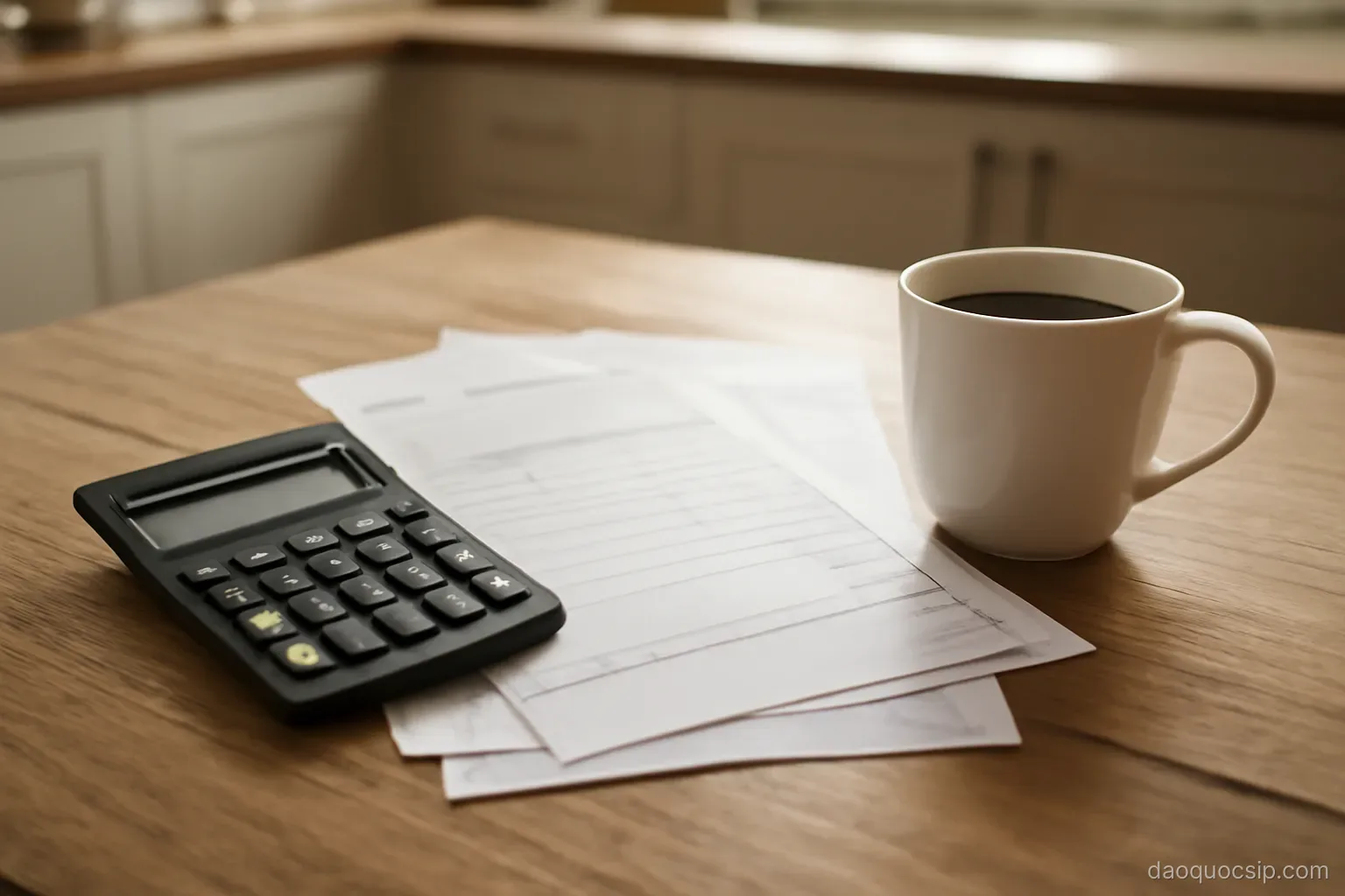 a kitchen table with utility bills, a calculator and a cup of coffee beside them