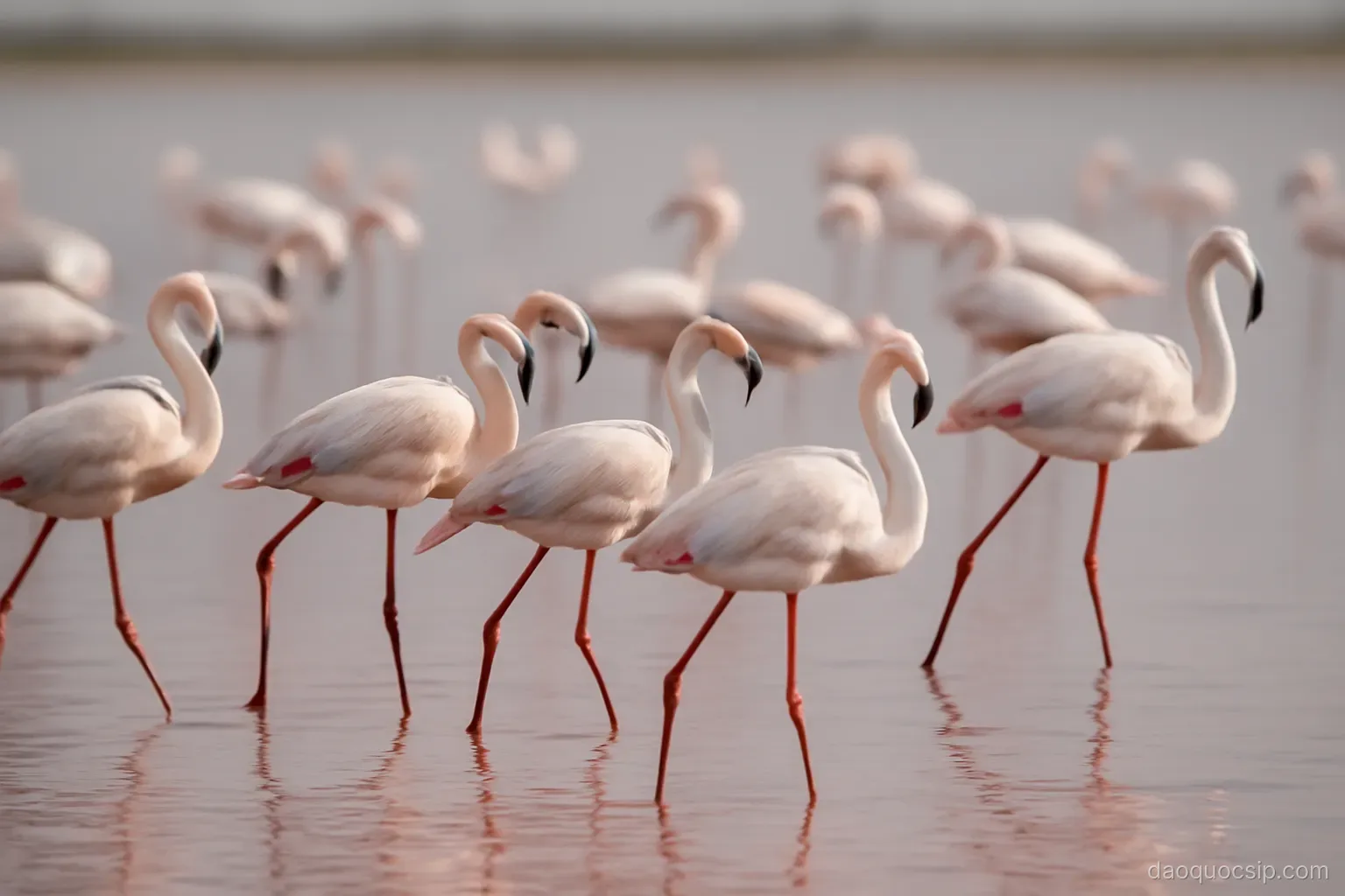 a flock of flamingos wading in a shallow salt lake with pink reflections on the water