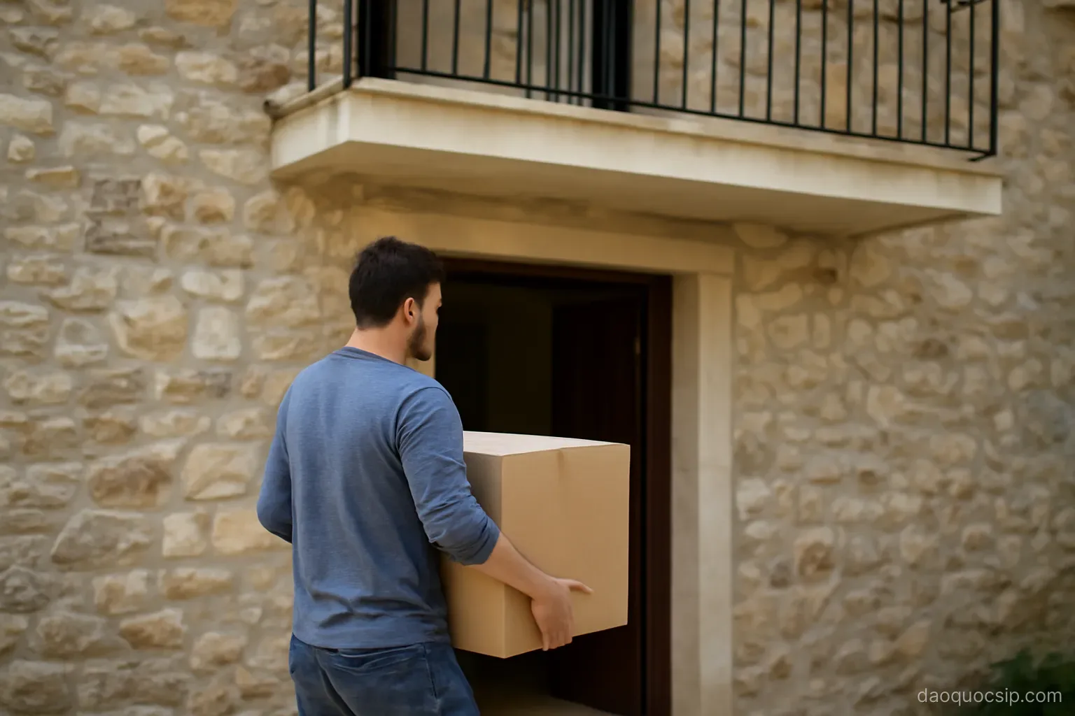 a person carrying a moving box into a stone house with an open balcony above