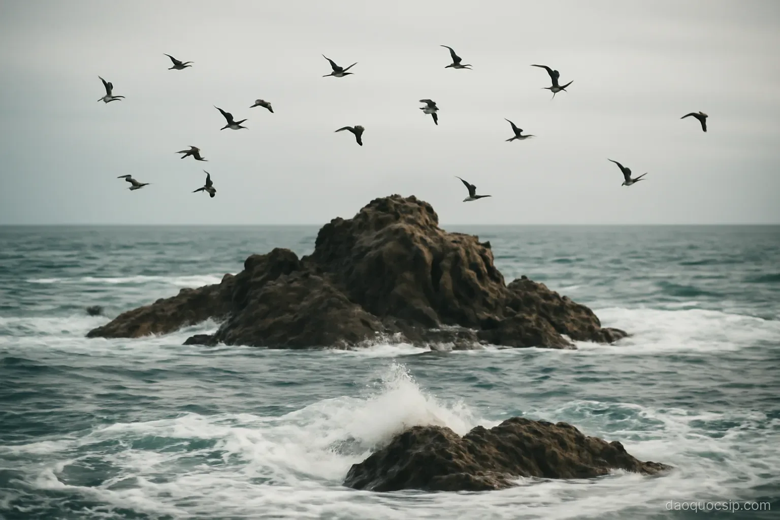 small rocky islets just offshore with seabirds circling above breaking waves