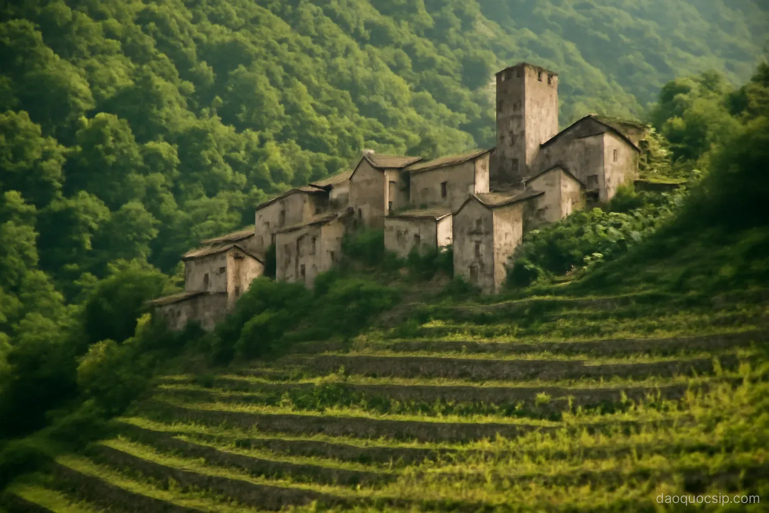 a stone village built on a steep forested mountain slope with terraced vineyards below