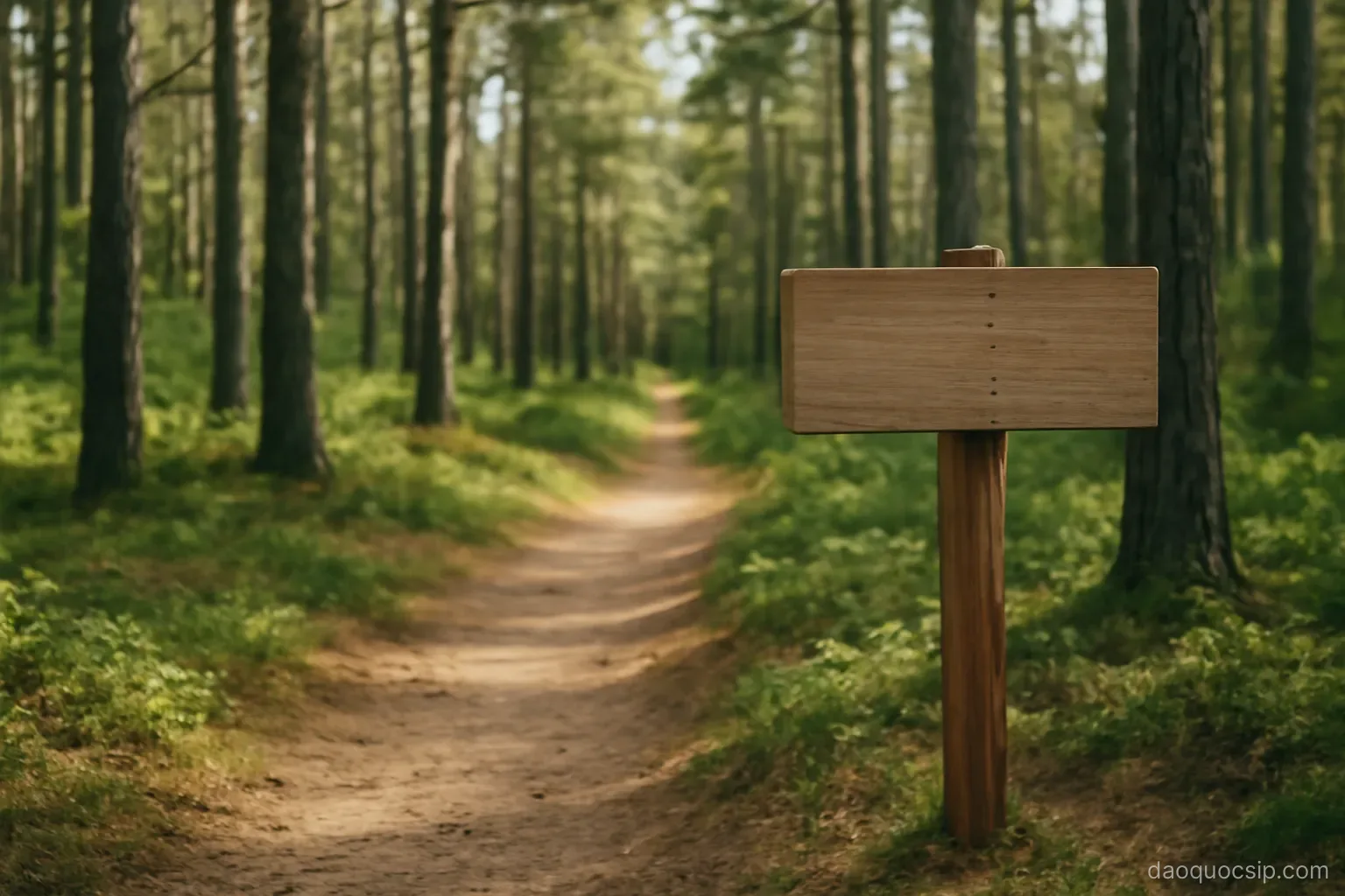 a marked hiking trail winding through pine forest with a wooden signpost at a junction