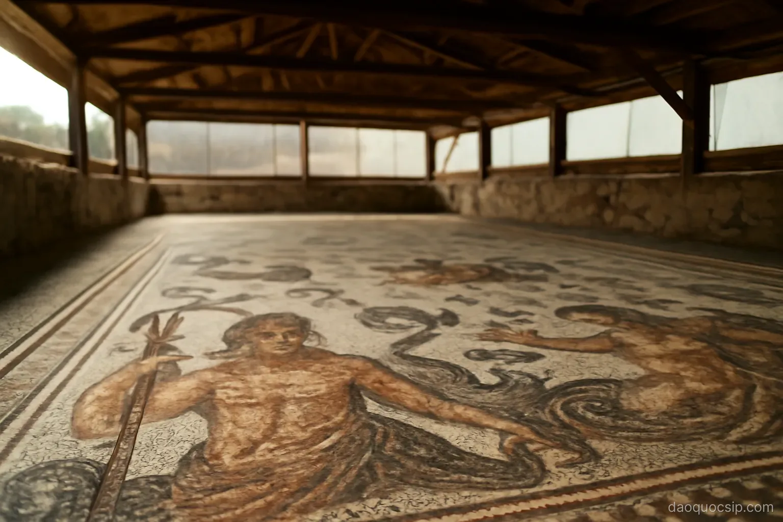 a well-preserved roman mosaic floor with mythological figures under a protective shelter