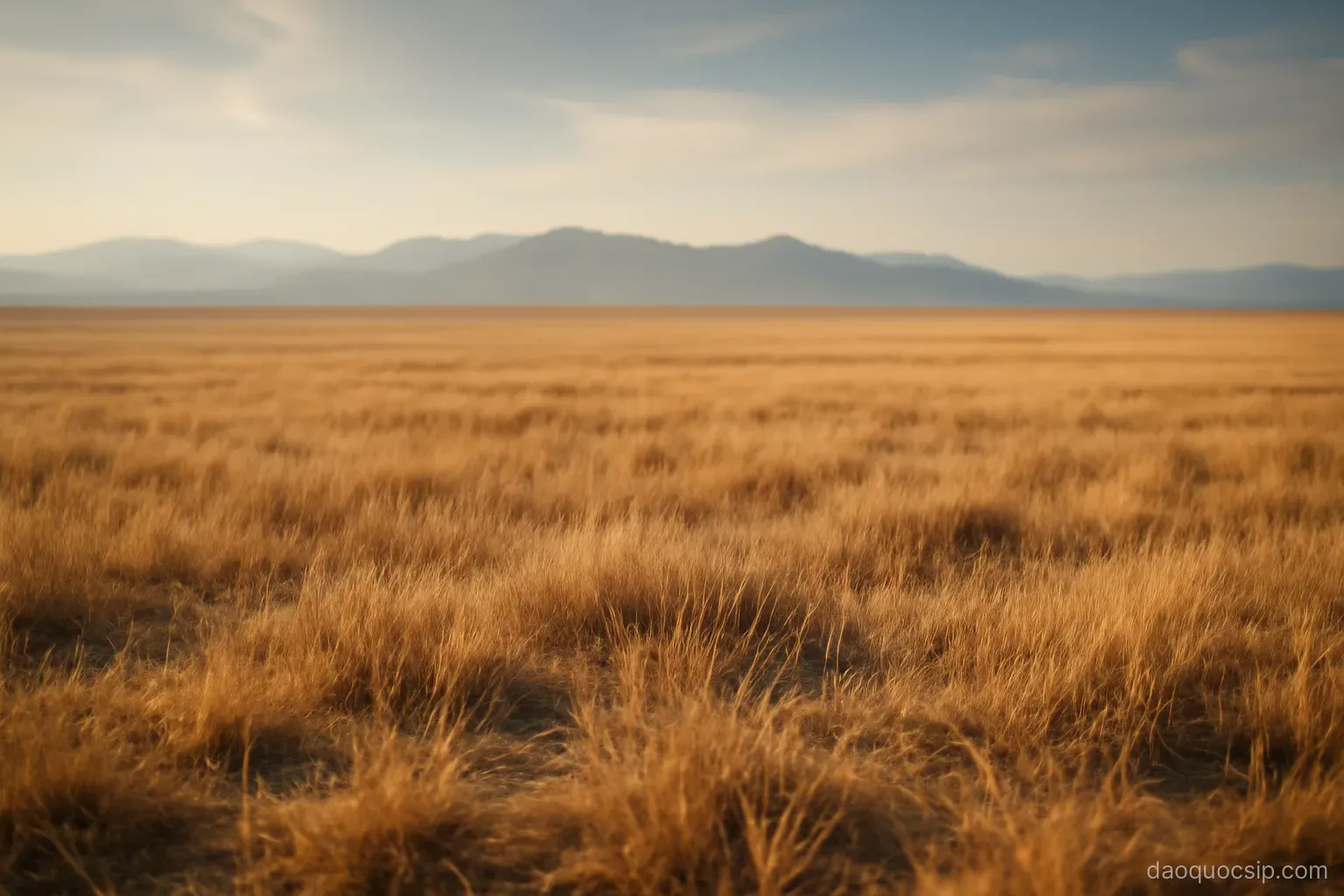 a wide flat plain of golden dry fields stretching to distant hazy mountains