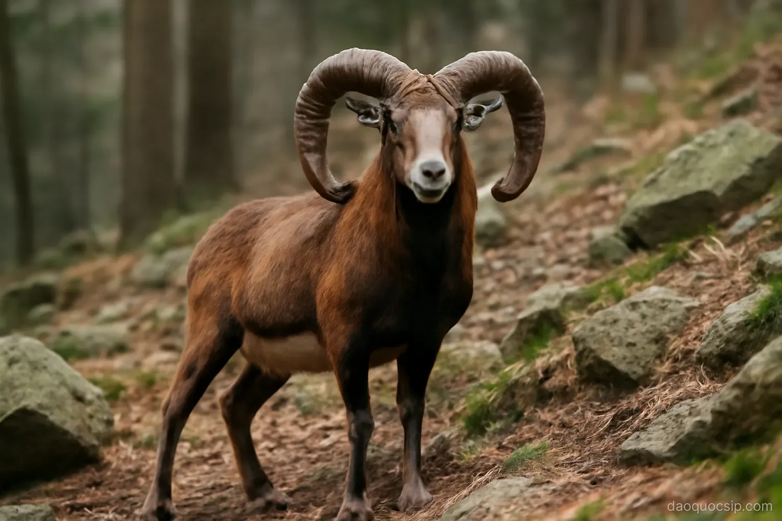 a wild mouflon sheep with curved horns standing alert on a rocky forest slope