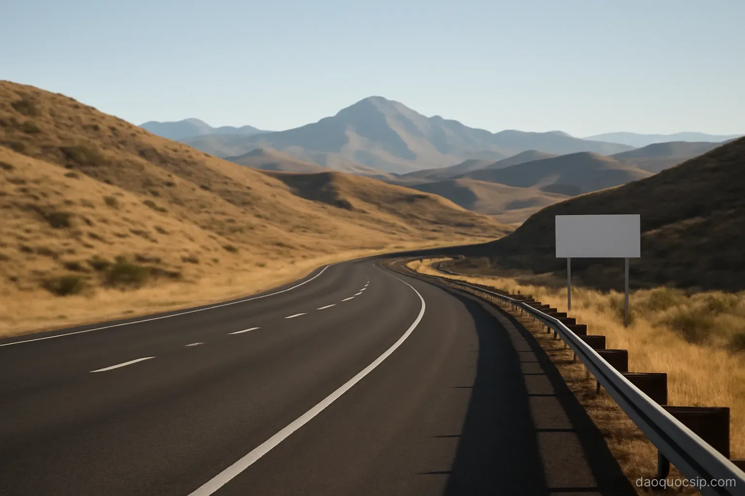 a dual carriageway curving through dry hills with mountains visible in the distance