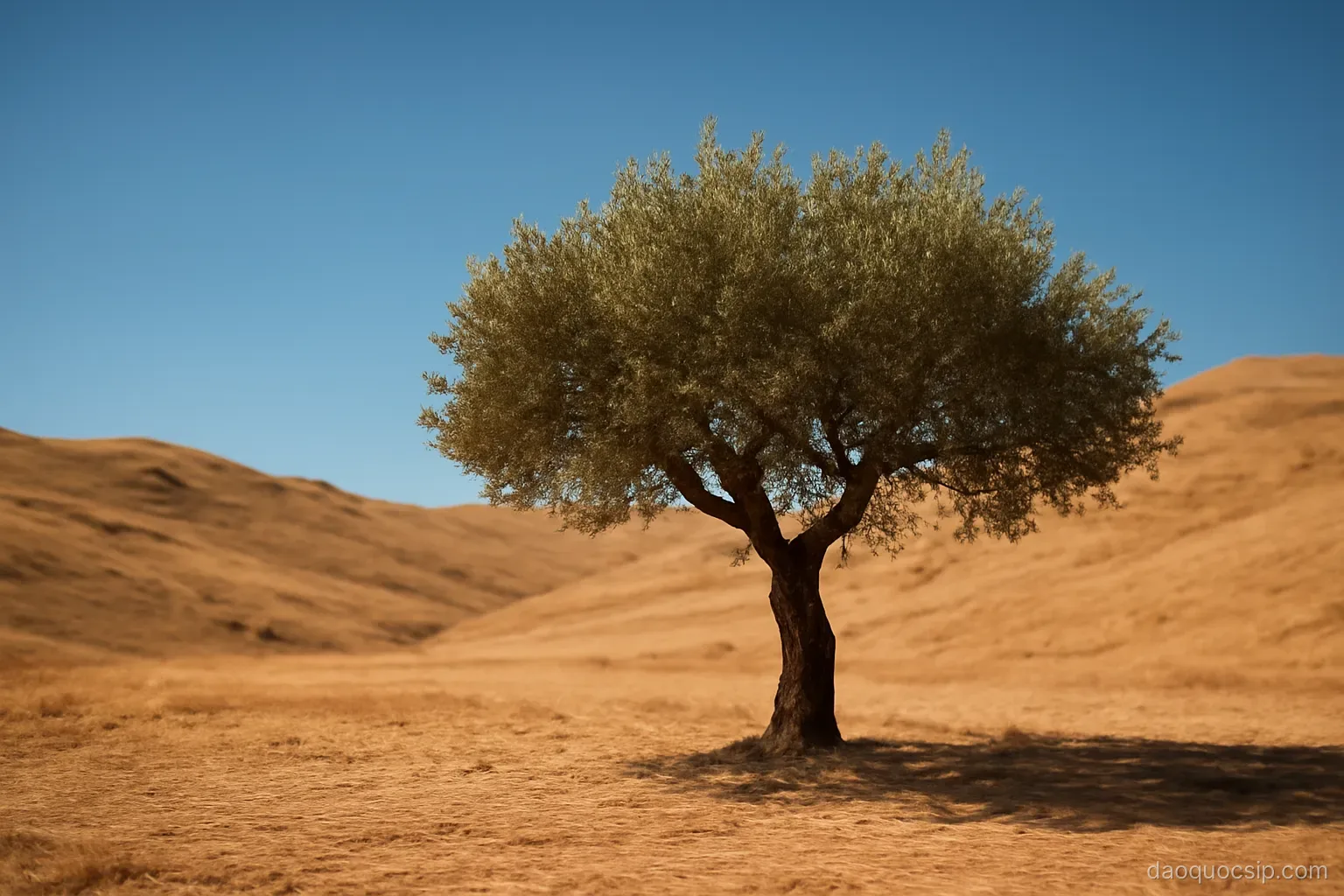 a dry sunbaked landscape of golden hills with a single olive tree under intense blue sky