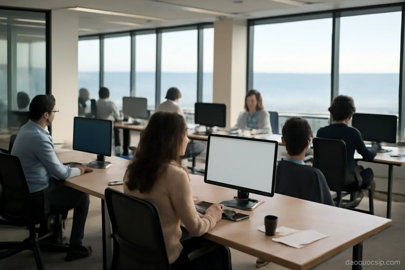 an open plan office with people working at desks and large windows facing the sea