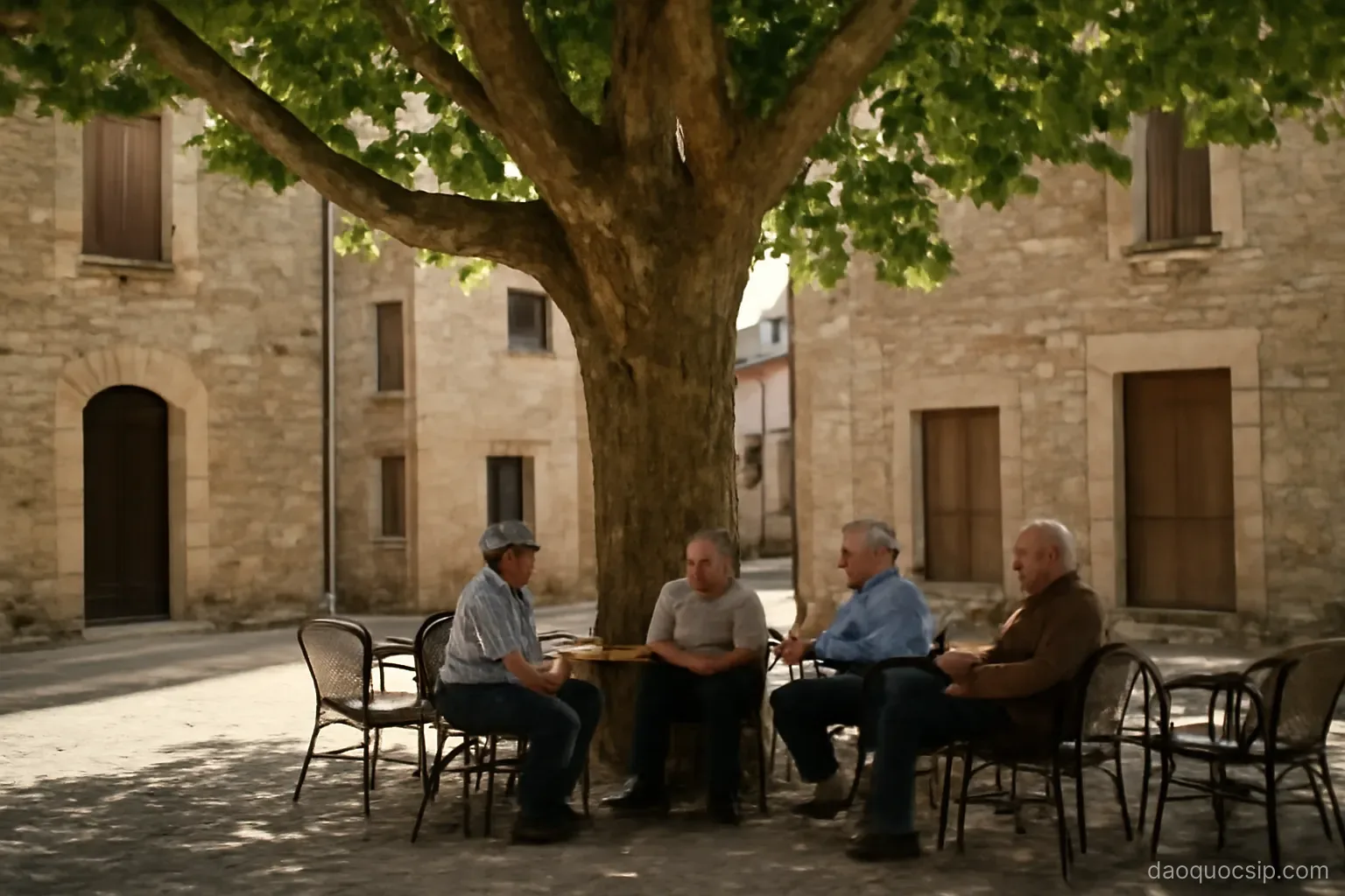 a stone village square with a large plane tree, old men sitting at a cafe under its shade
