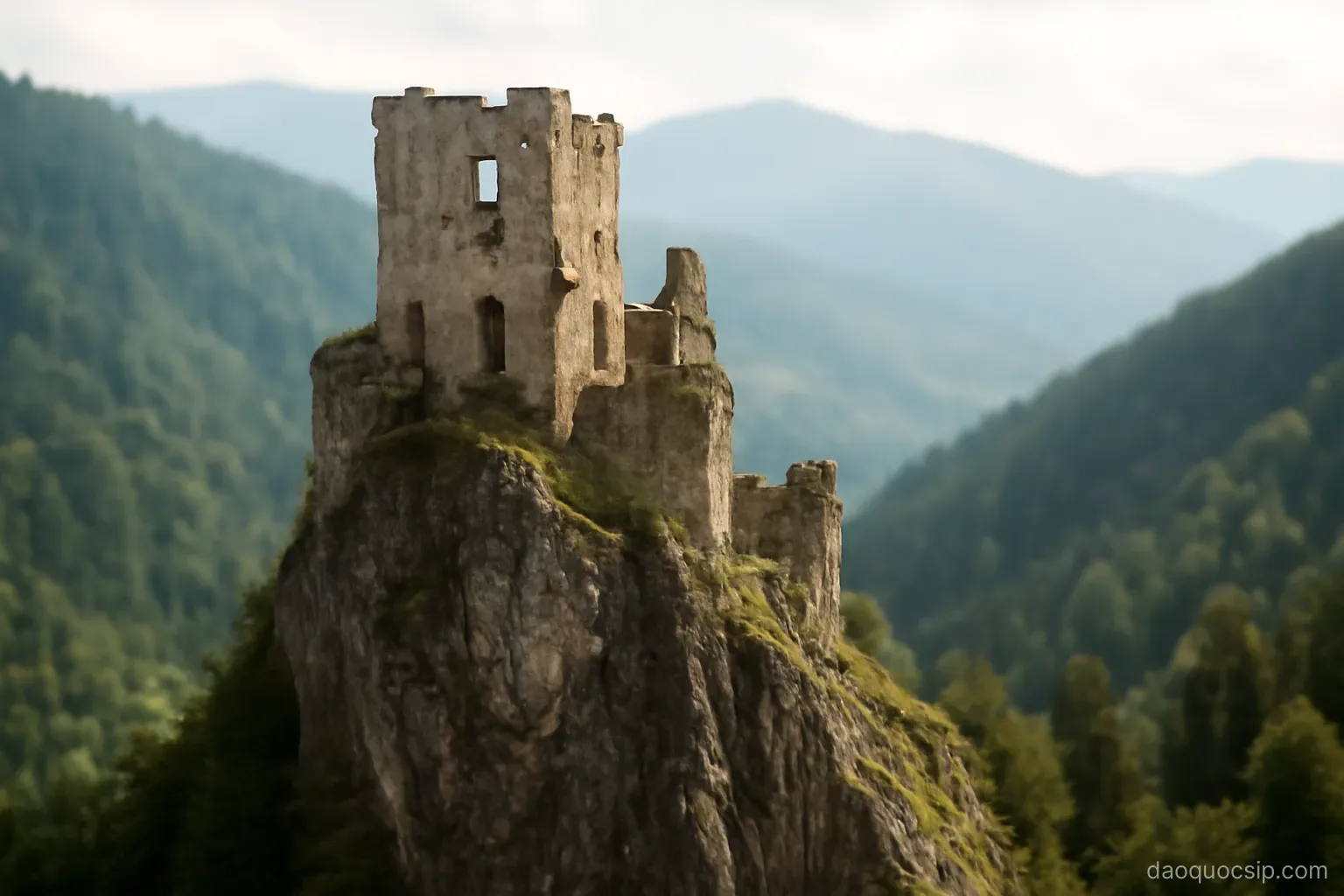 a ruined medieval castle perched on a sharp mountain peak above forested slopes