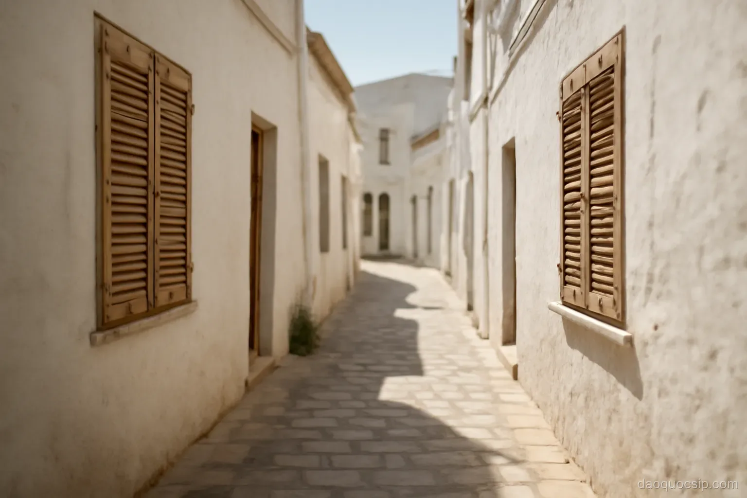 a narrow village street with white walls and closed wooden shutters at midday in harsh sunlight