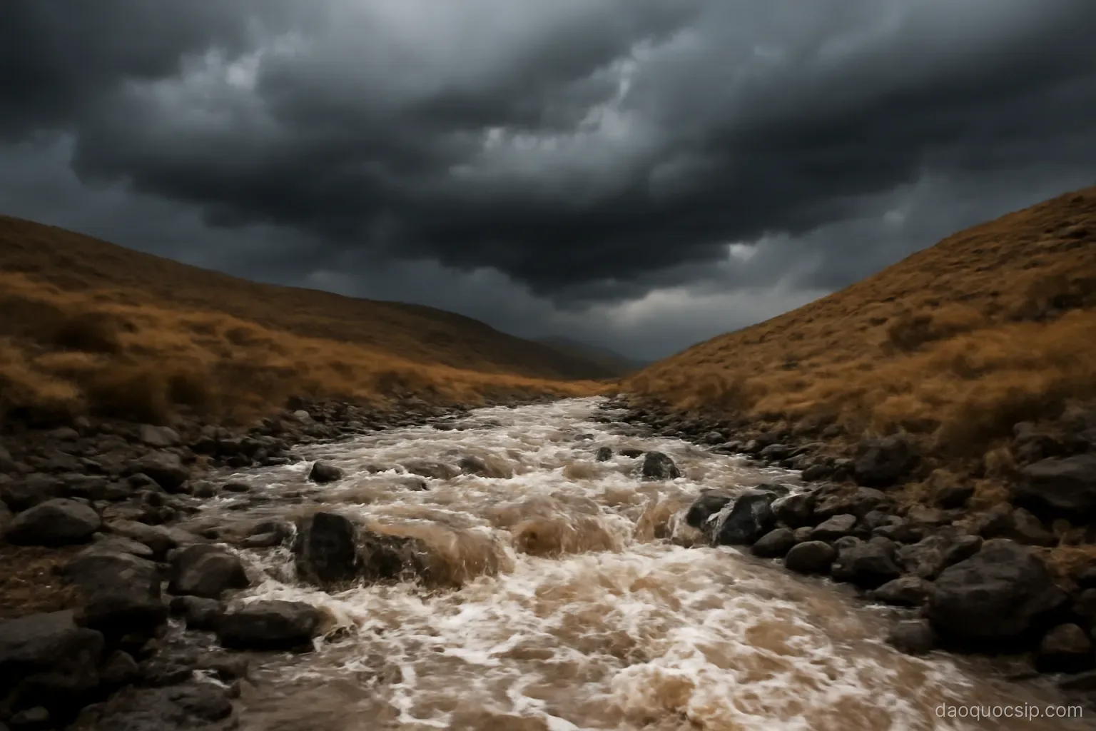 dark rain clouds over dry hills with a sudden torrent rushing through a rocky dry riverbed