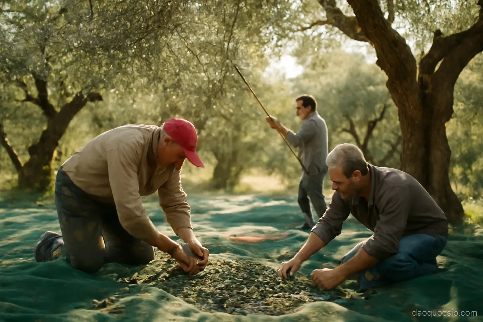 workers harvesting olives onto nets spread beneath gnarled old olive trees