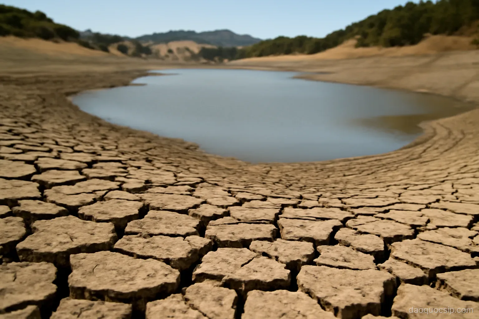 a reservoir with low water level showing exposed cracked banks under bright sun