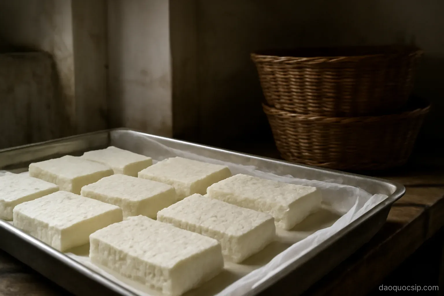 slabs of white cheese draining in a traditional dairy with woven baskets nearby