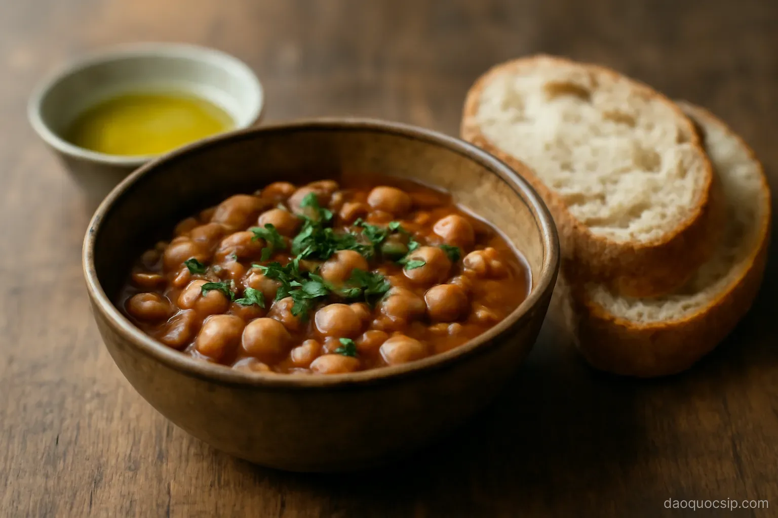 a rustic bowl of stewed beans with greens and olive oil beside sliced bread