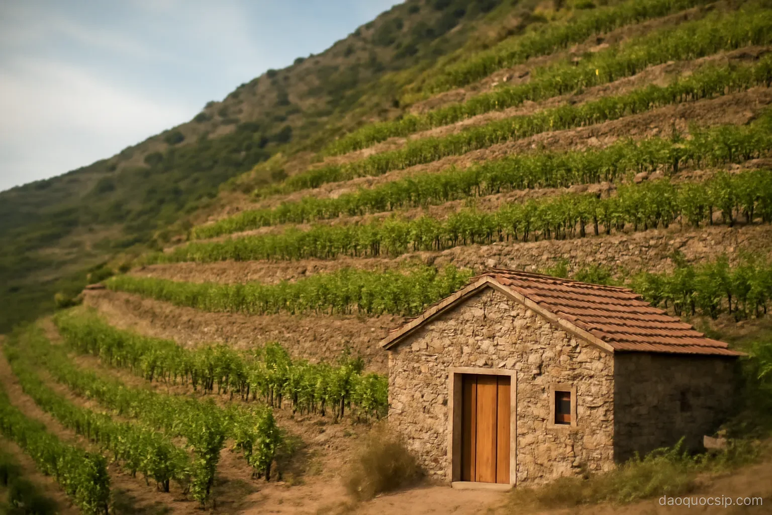 terraced vineyards on a steep mountain slope with a small stone winery building below