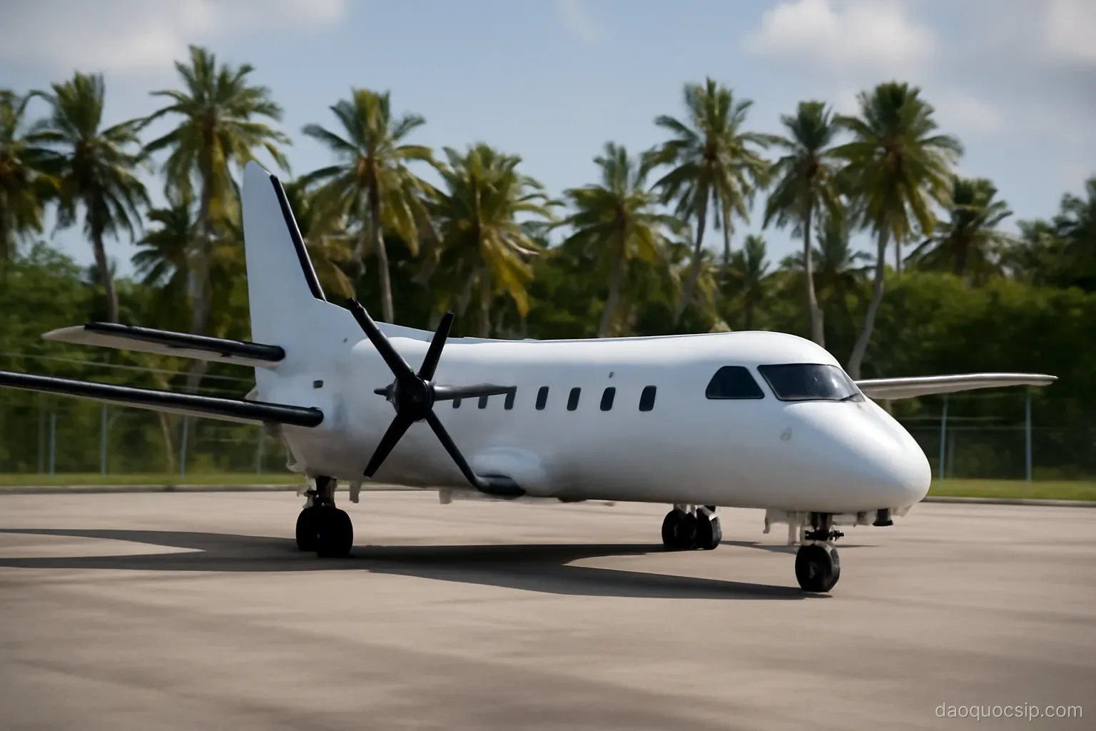 an aircraft on the apron at a small island airport with palm trees beyond the fence