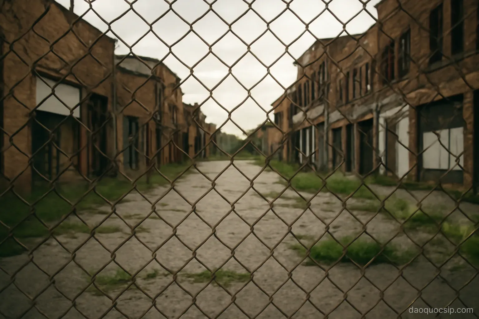an abandoned street of empty buildings behind a fence with grass growing through the pavement