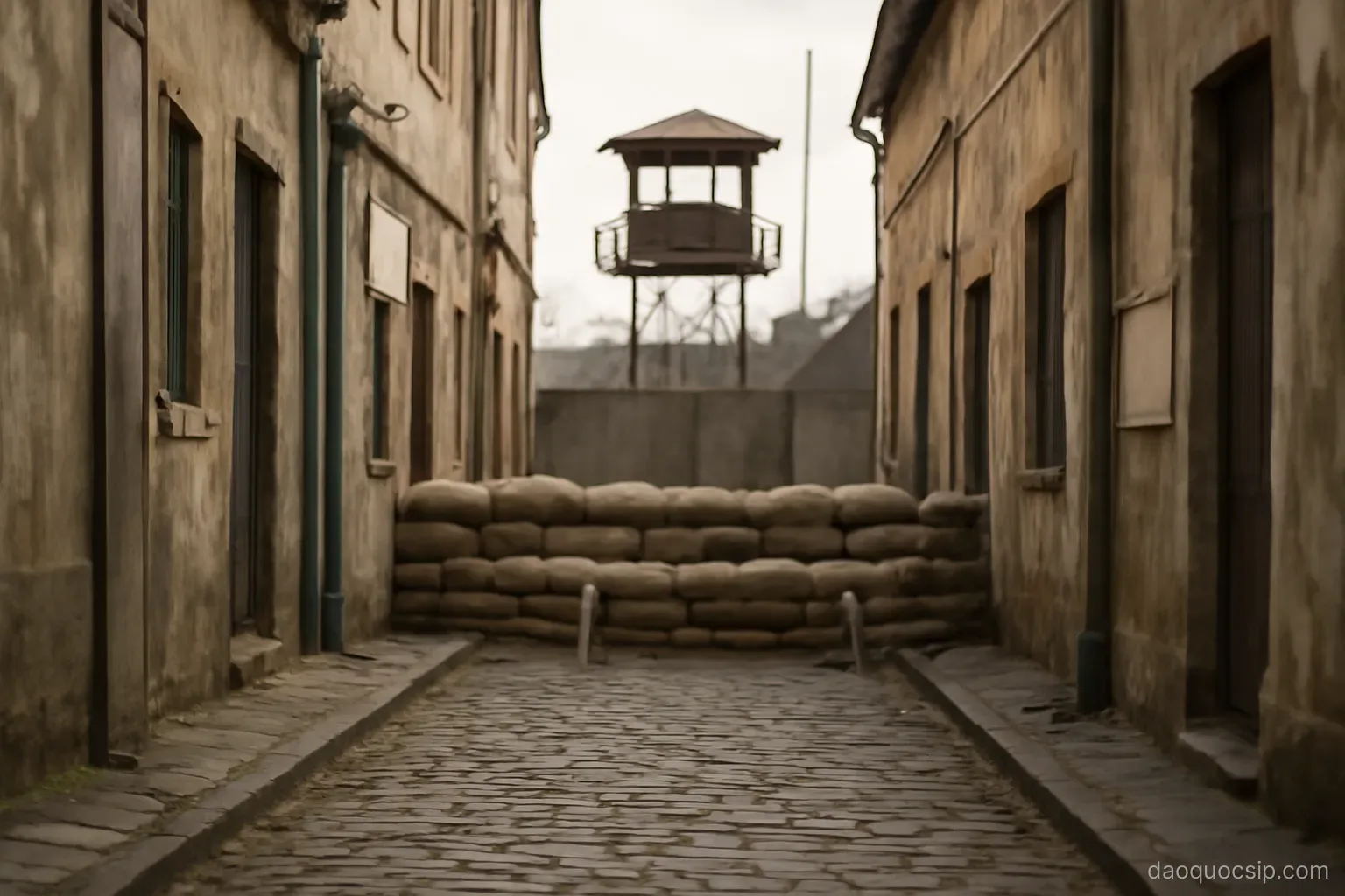 a narrow old town street ending at a barrier with sandbags and a watchtower beyond