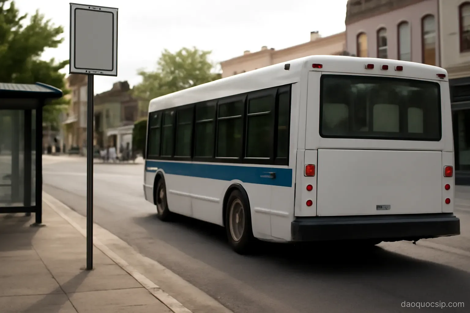 a public bus pulling away from a roadside stop in a small town square